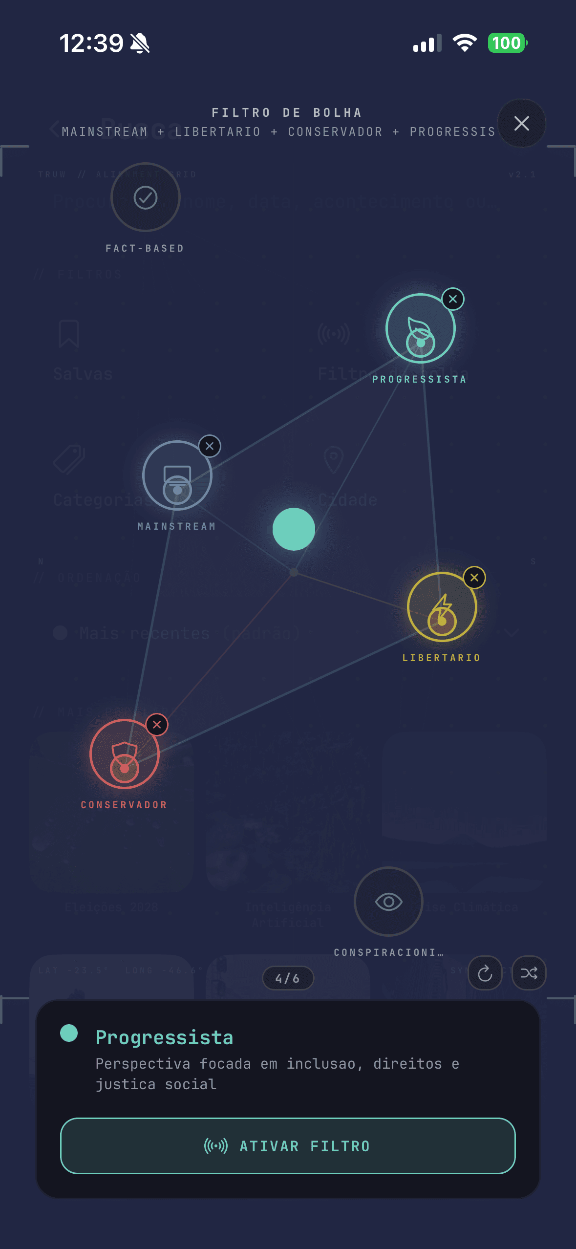 Bubble filter. A constellation of political ideologies the user can switch between.