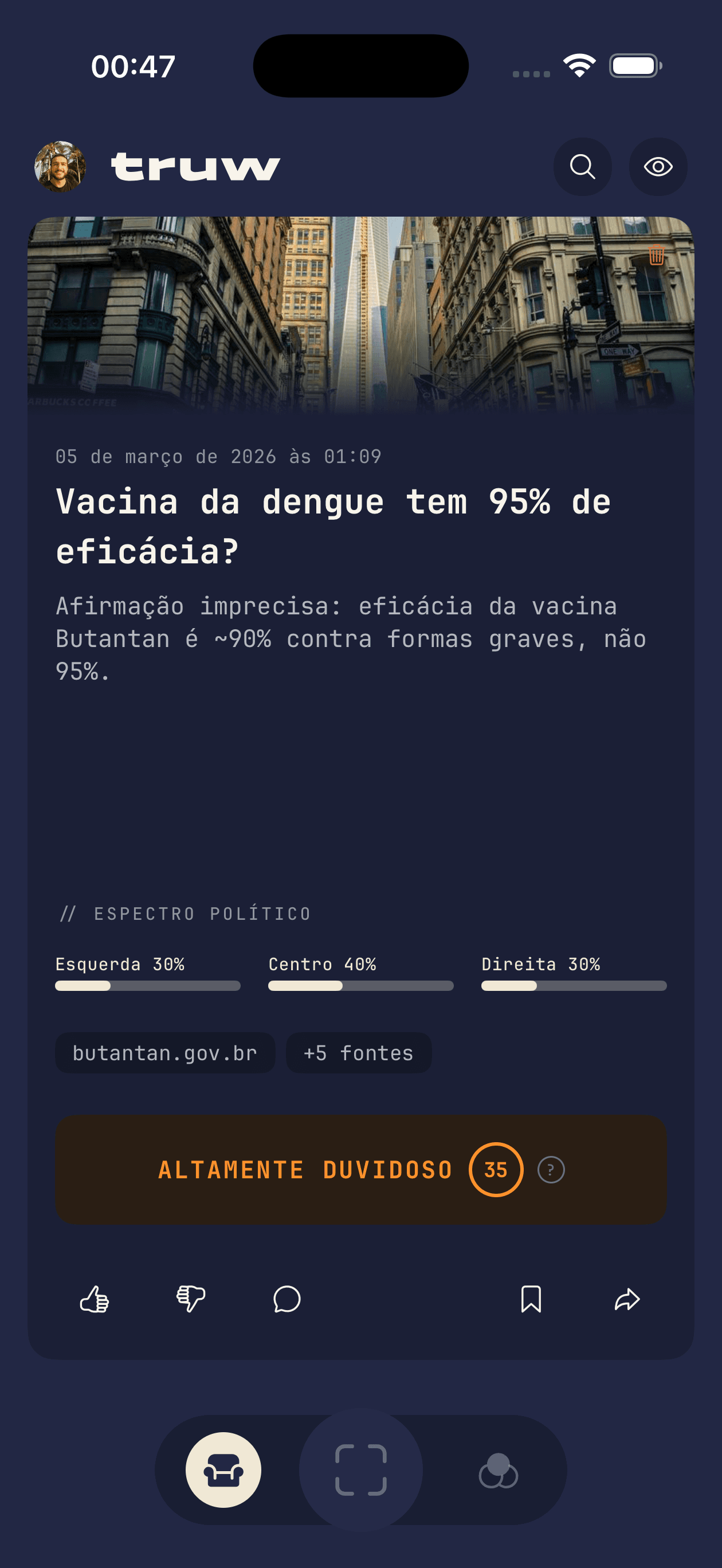 Home feed showing a verified news card with political spectrum bar