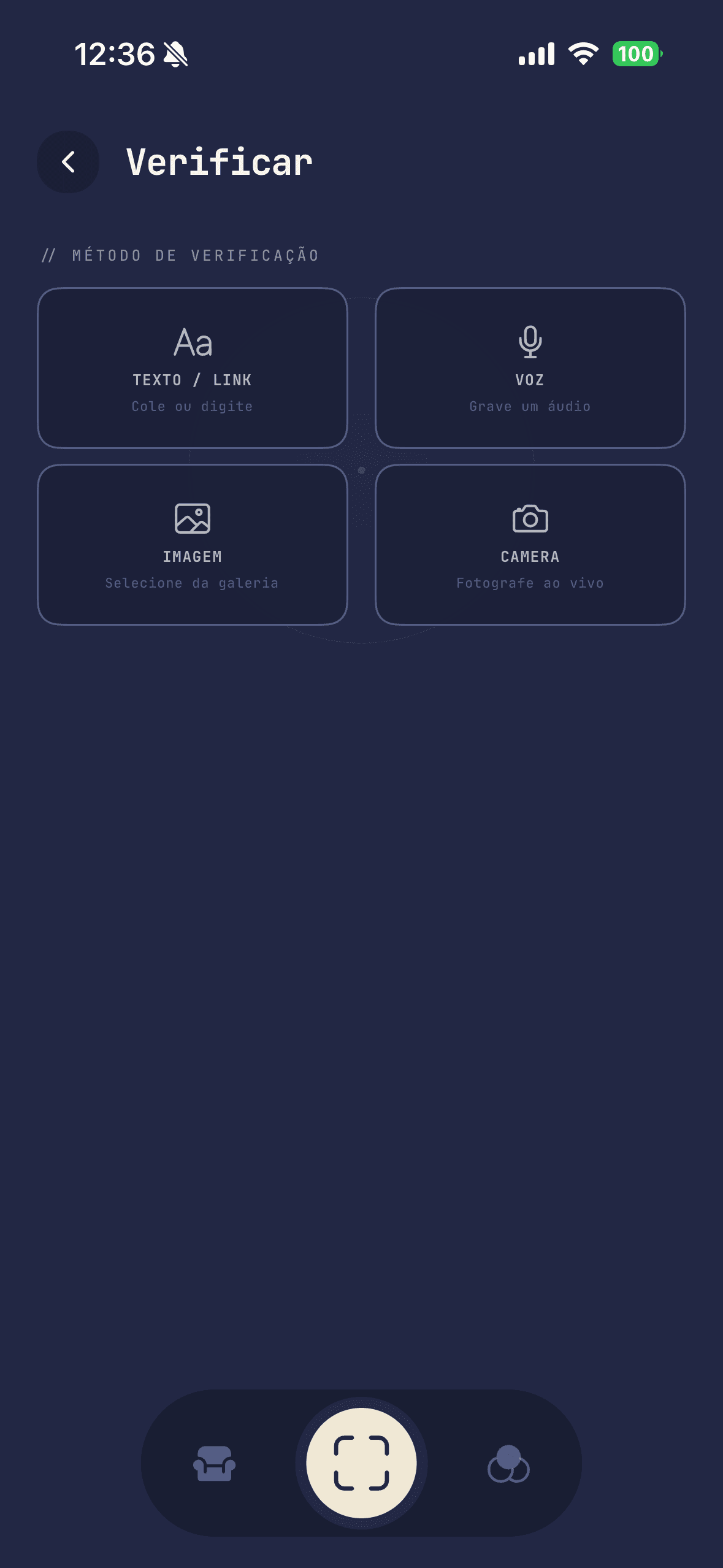 Verification method selector: text/link, voice, image, camera