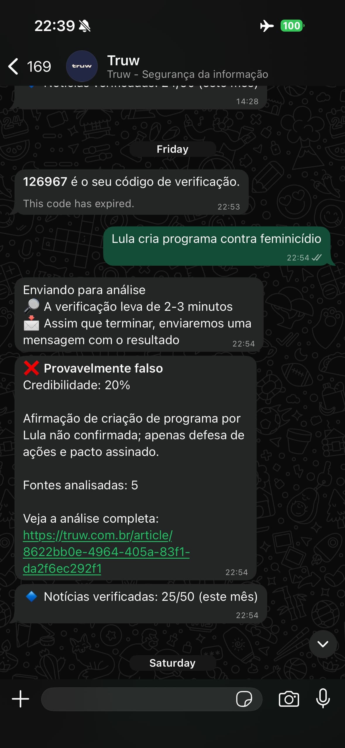 Verify a piece of news directly inside a WhatsApp conversation with the Truw bot